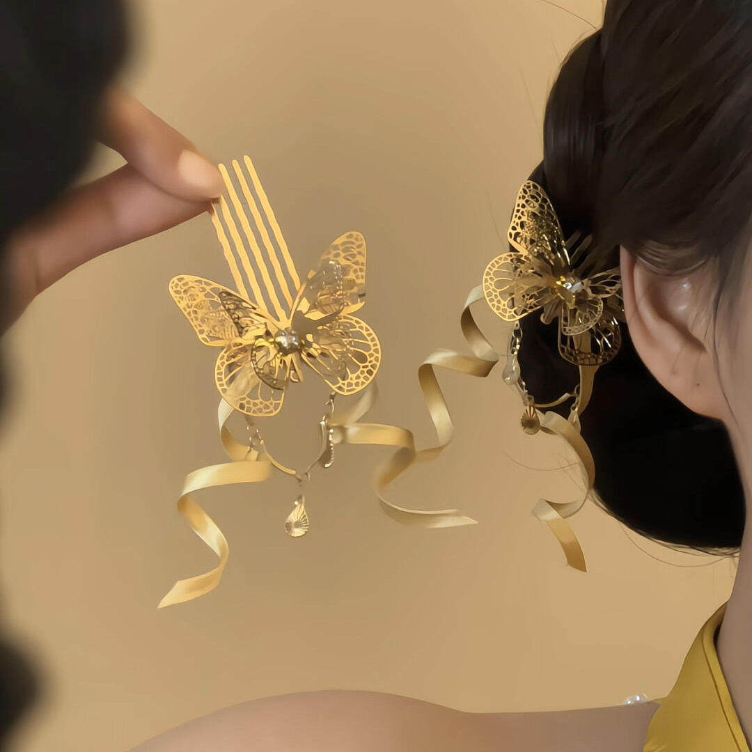 「丝蝶缠思」复古金蝴蝶流苏发插