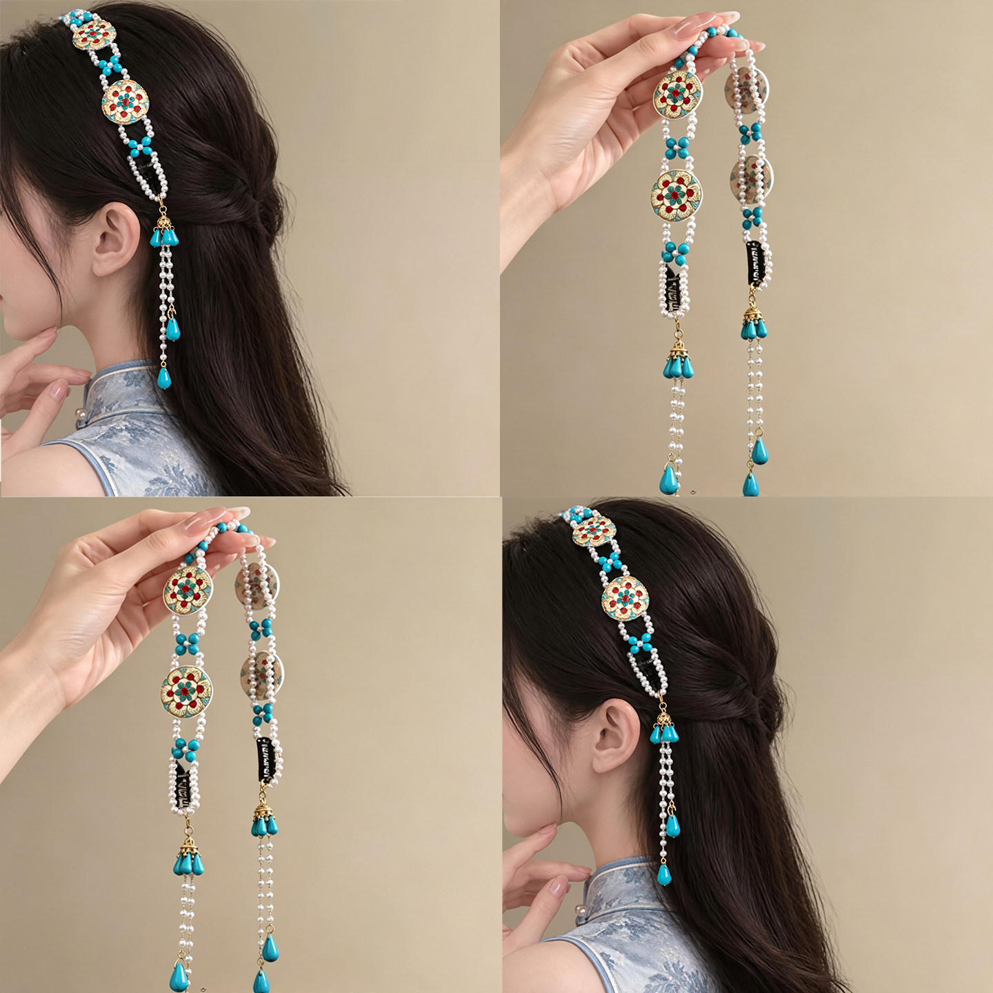 「塞月观花」宝相花刺绣辑珠发带