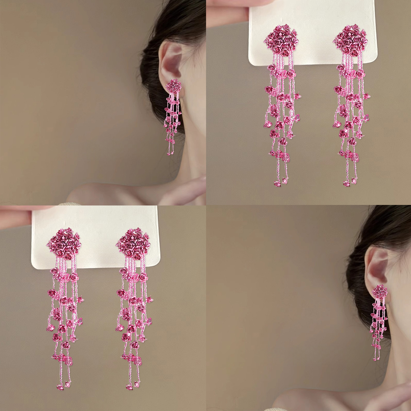 粉霧絲帶！花朵珠串流蘇耳環