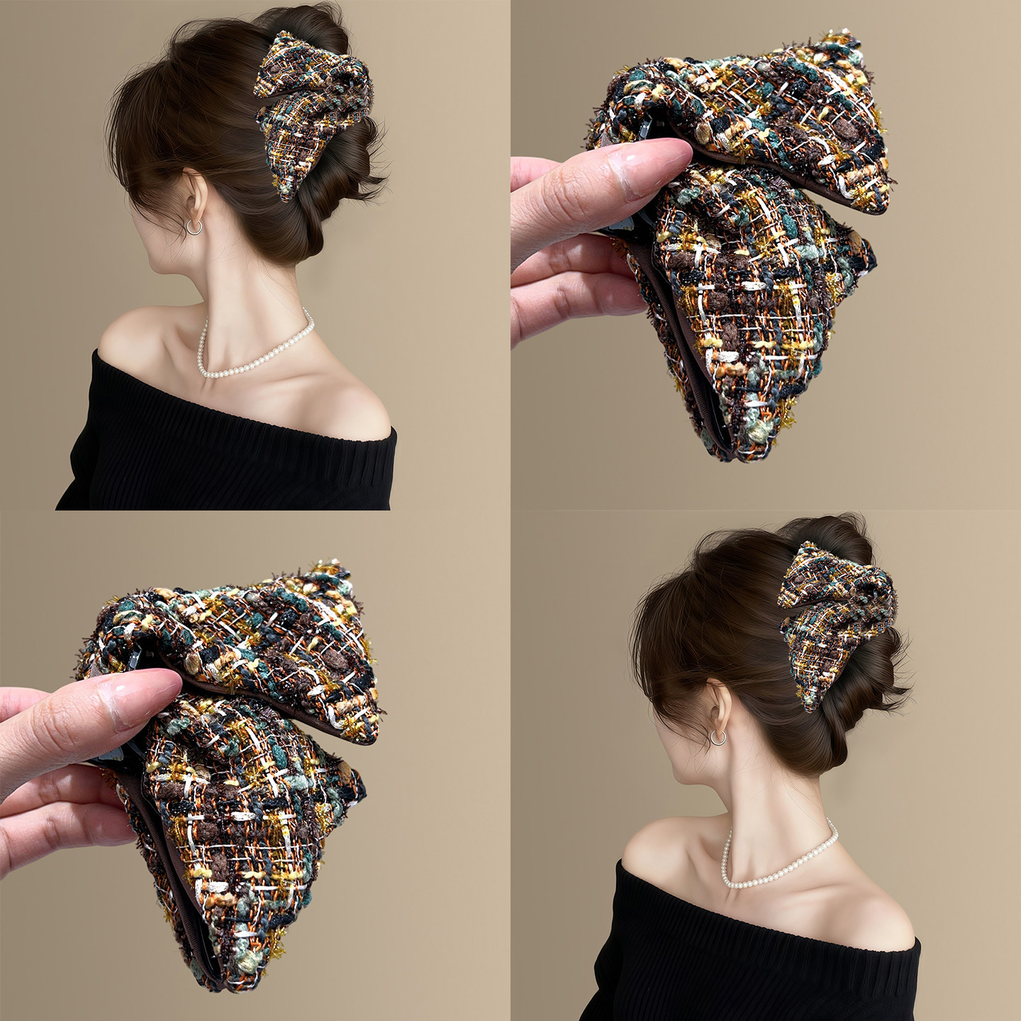 秋梨末香~复古粗毛呢蝴蝶结抓夹秋冬高级感小香风鲨鱼夹头巾遮耳