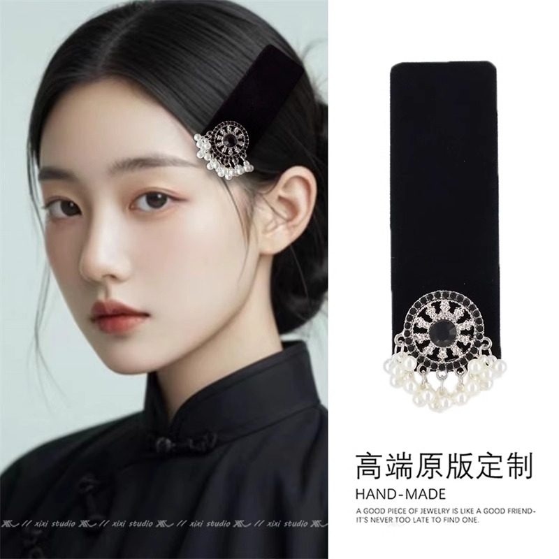 新中式發夾珍珠流蘇植絨發卡
