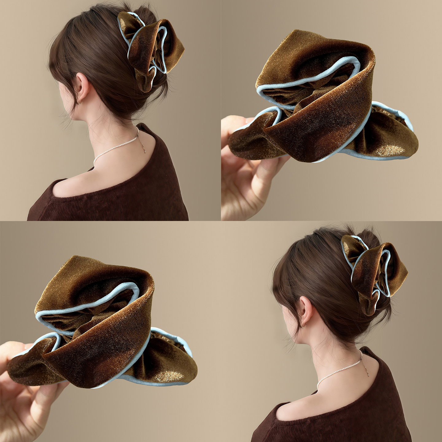 「海盐可露丽」咖色丝绒褶皱抓夹