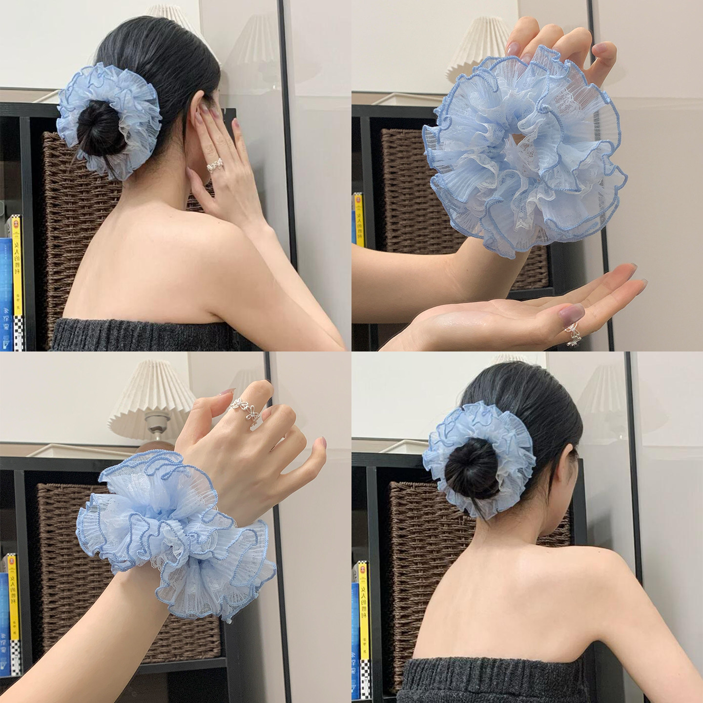藻蓝奶昔~韩系网纱蕾丝大肠发圈