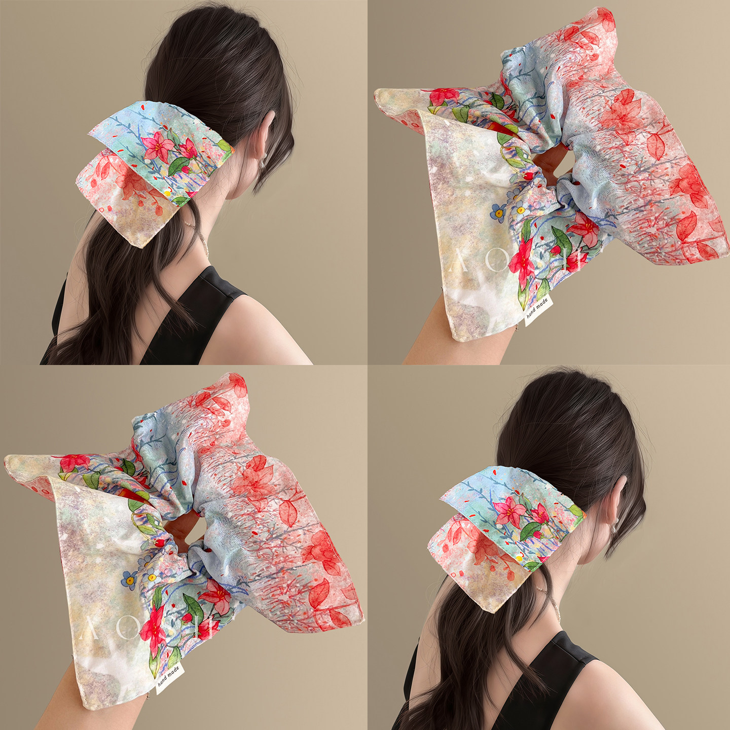 浪漫花海~油画风花朵方巾大肠发圈少女扎马尾头绳慵懒风发绳头饰