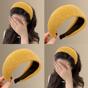 柠檬黄~软糯毛线针织宽边发箍秋冬新款高颅顶百搭压发头箍旅行卡