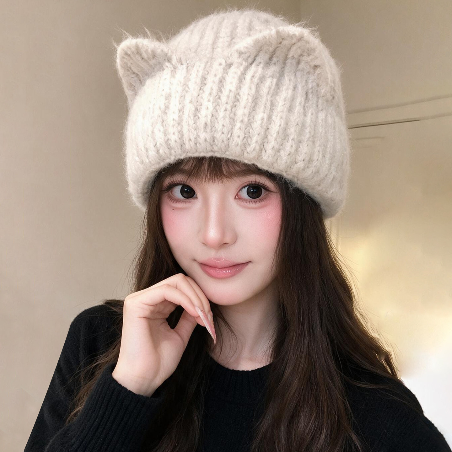 韩版可爱米白立体猫耳朵针织帽