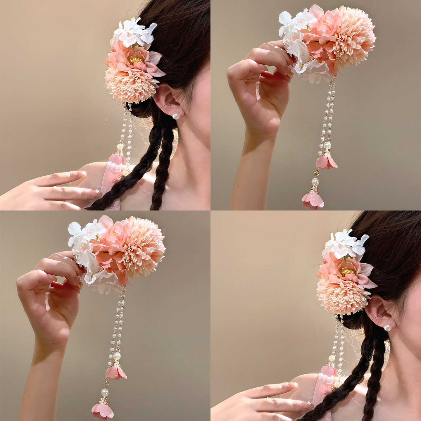 「春奈樱时」超仙粉色花朵流苏发夹甜美少女侧边编发头花旅行发卡,户外/登山/野营/旅行用品,旅行发卡,淘宝优惠券,粉丝福利购,淘宝优惠卷