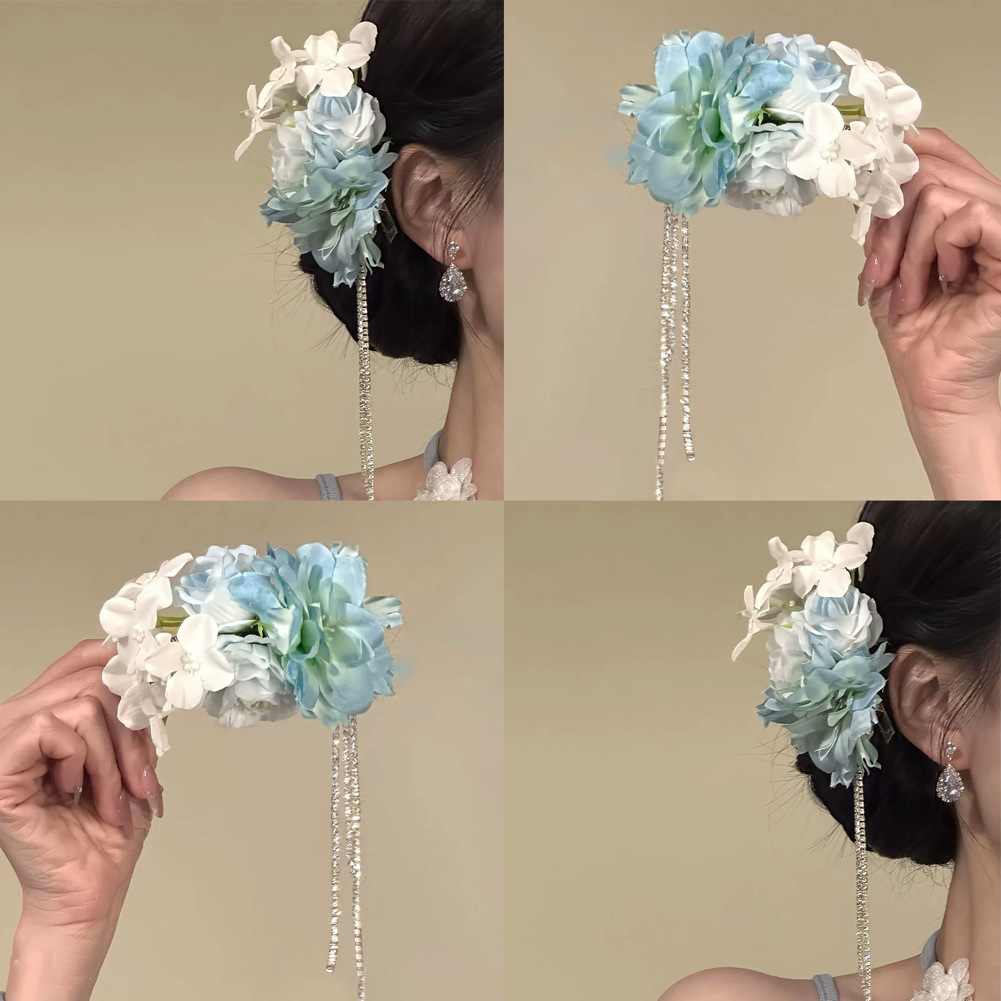 【蓝汐书笺】蓝白花瓣水钻发夹
