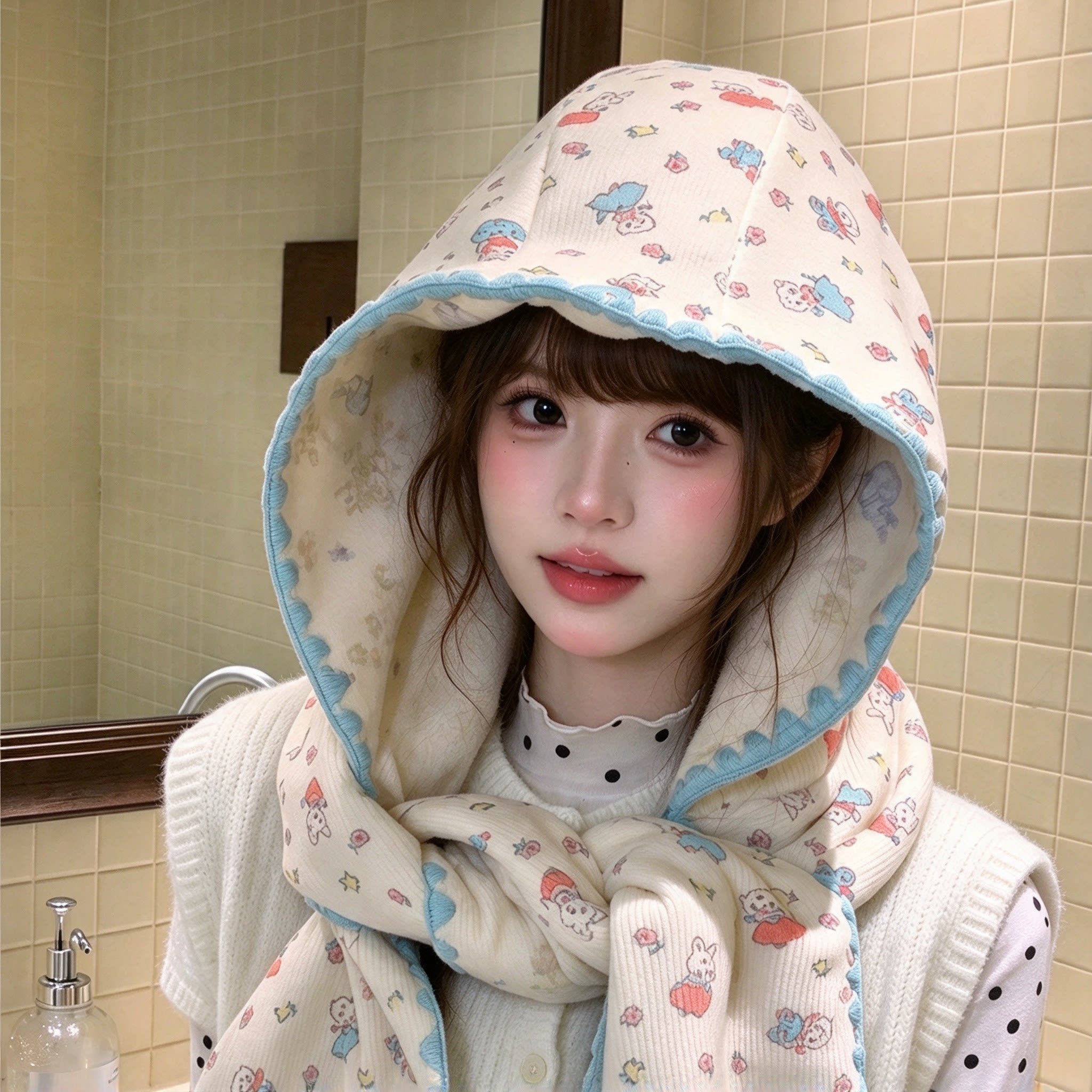 甜美可爱双面兔子帽子围巾一体