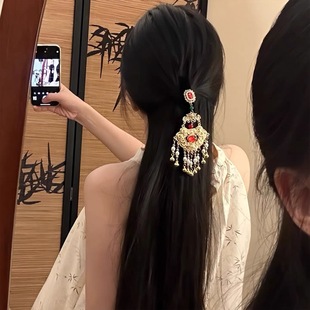 「春深锁桥」新中式仿红宝石流苏发夹女国风汉服半扎发盘发侧边夹
