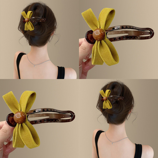 秋日稻场~明媚姜黄丝绒鸭嘴夹甜美蝴蝶结时尚后脑勺一字夹发饰品