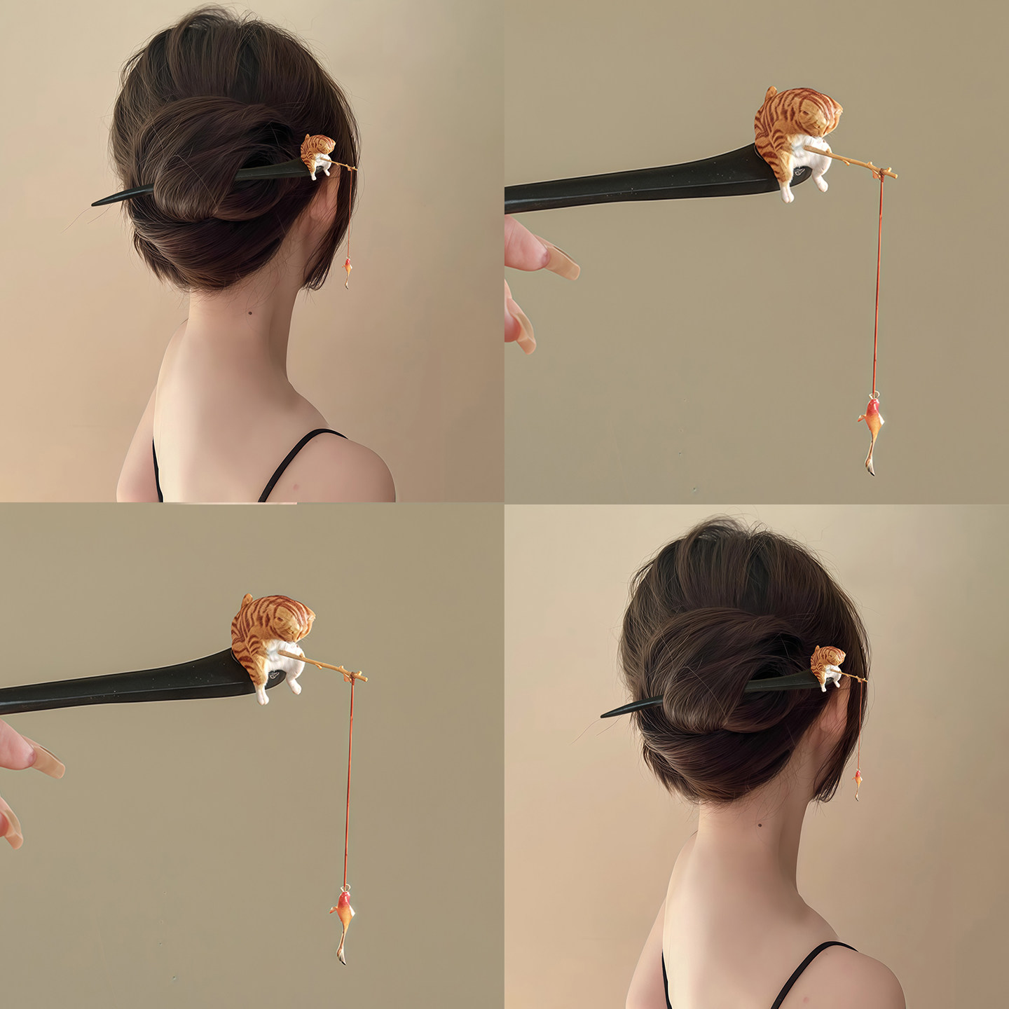 小猫钓鱼~ 卡通可爱猫咪发簪新中式高级感汉服马面裙钗子流苏发簪