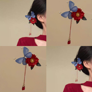 「花间梦」新中式红色花朵发夹古风汉服旗袍发饰新娘订婚旅行发卡