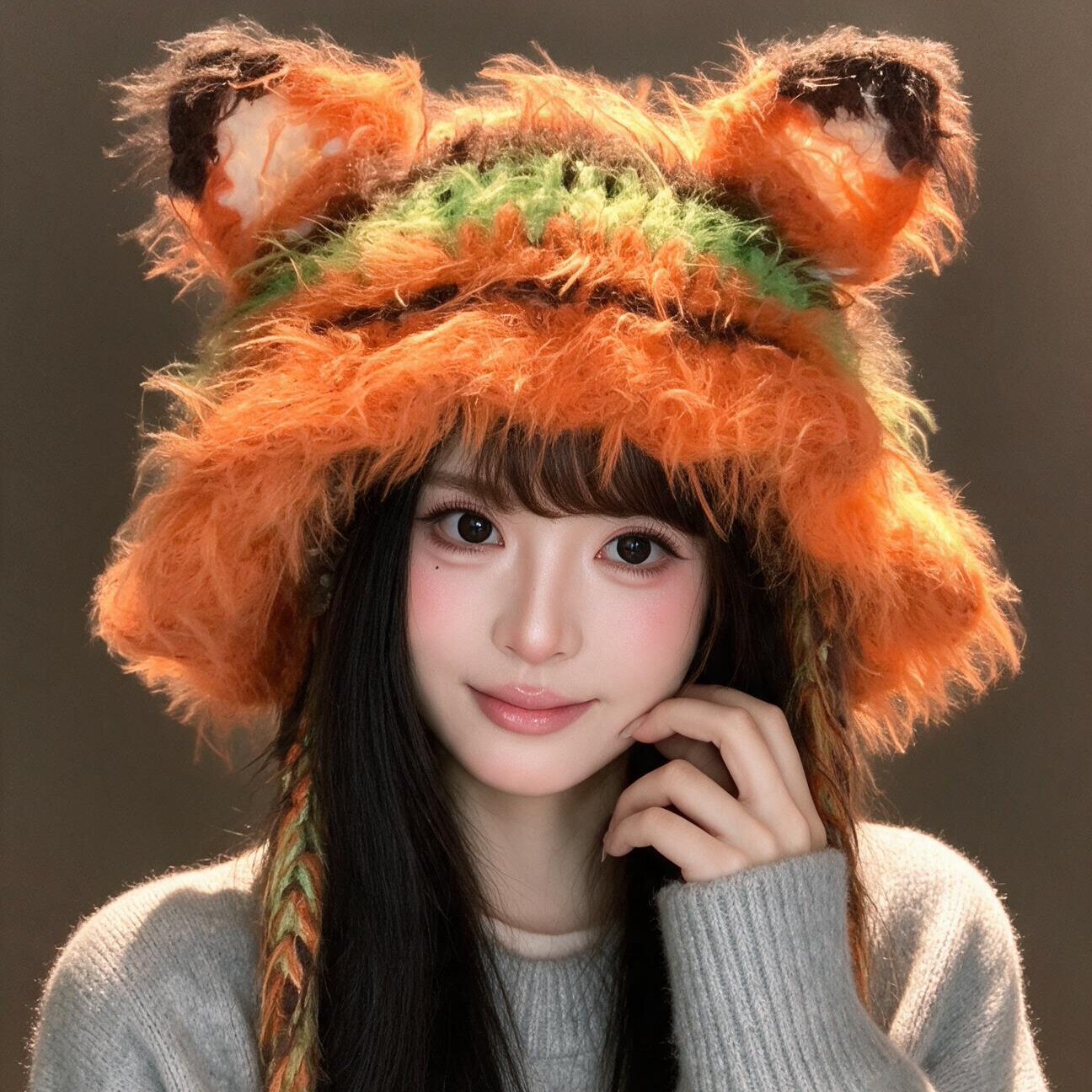 可爱撞色毛绒狐狸针织帽秋冬大头