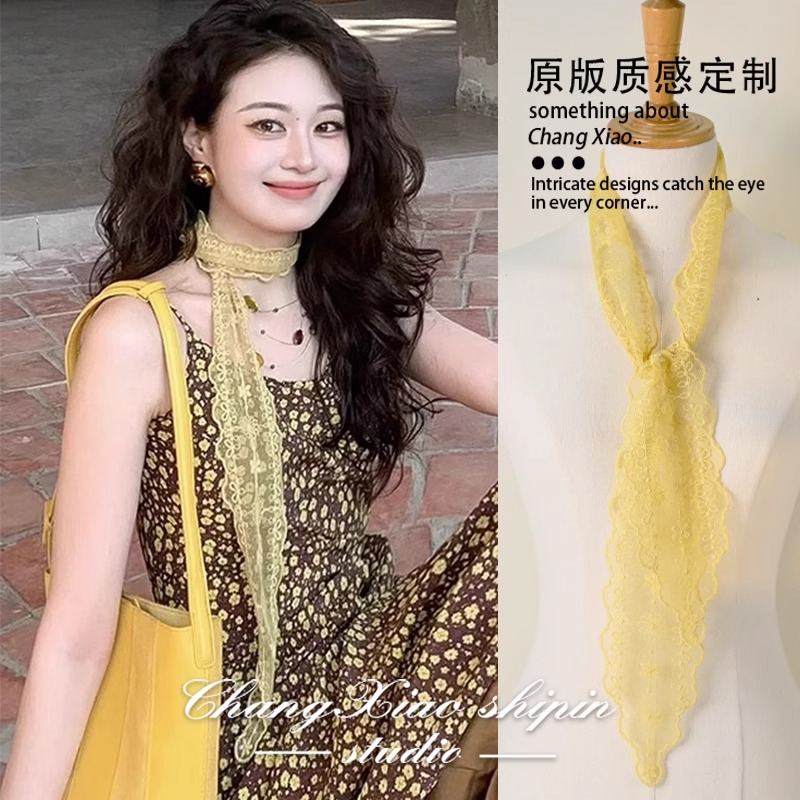韓國復古黃色蕾絲長條絲巾