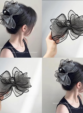 高贵不凡！加大蝴蝶结发夹！灵动光泽感灰色抓夹后脑勺盘发鲨鱼夹