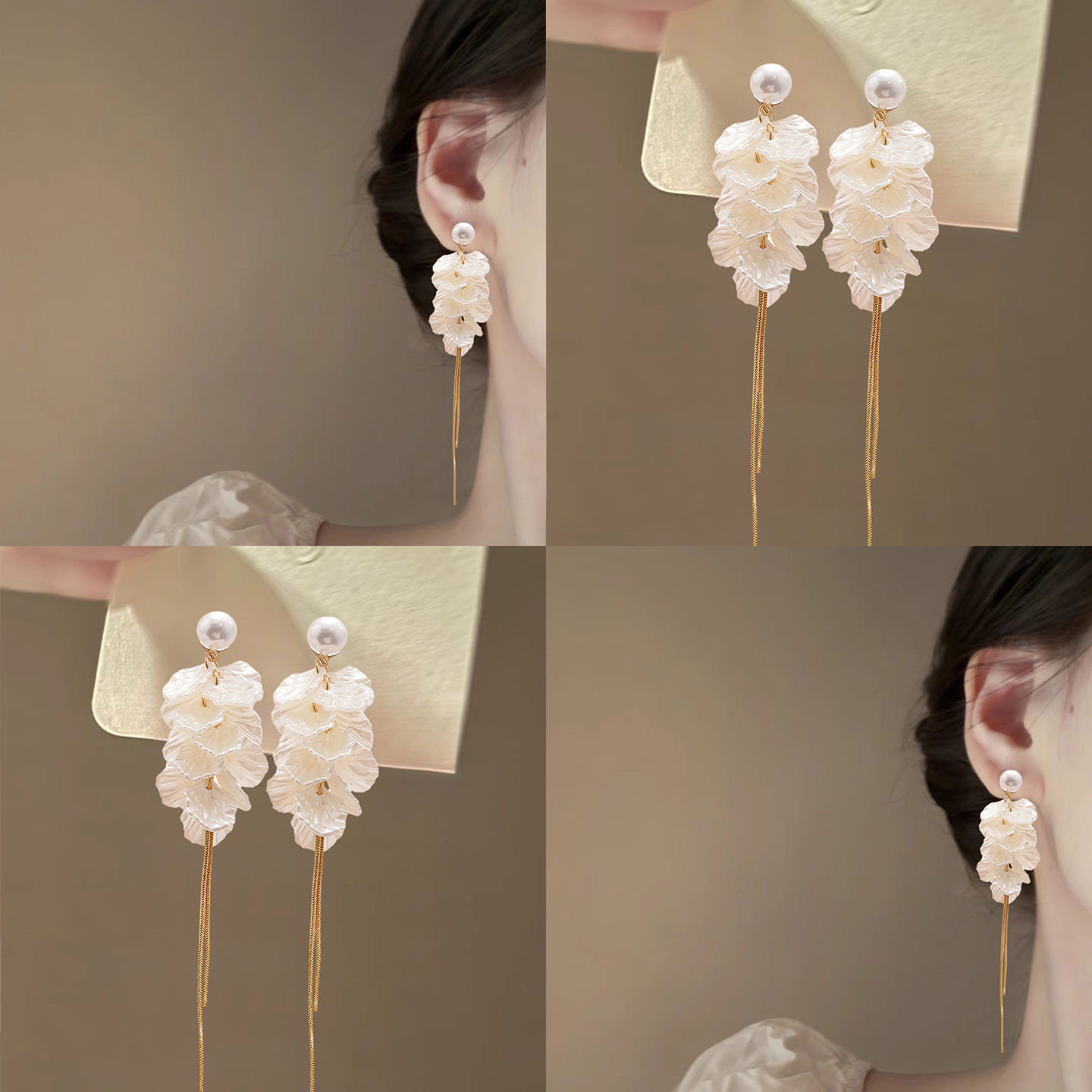 貴族公主！珍珠白色花瓣流蘇耳環