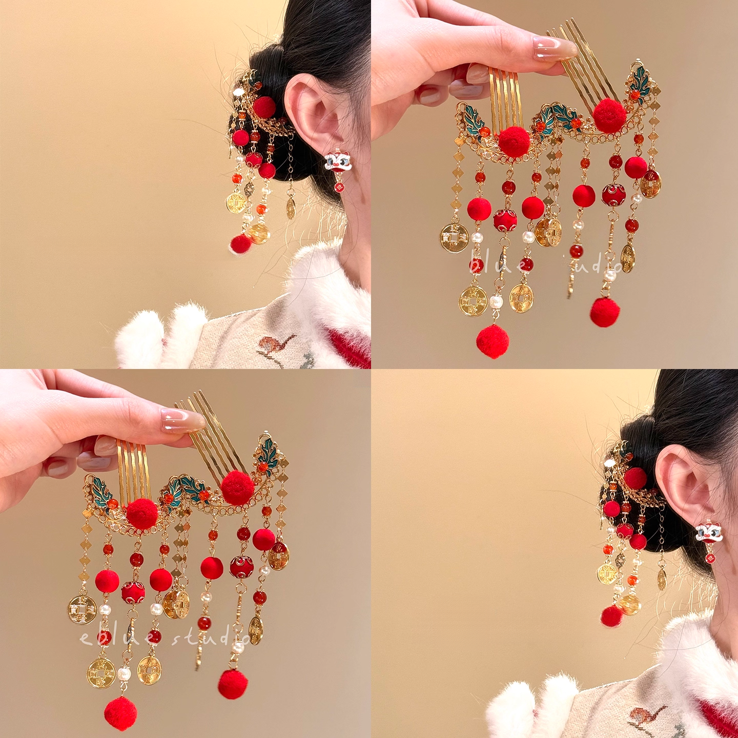 「红鸾天禧」喜庆红色毛球流苏发簪新中式汉服铜钱发梳新年盘发器,家庭/个人清洁工具,盘发器,淘宝优惠券,粉丝福利购,淘宝优惠卷