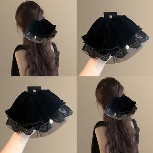 《暮色裙摆》法式黑丝绒网纱蕾丝抓夹复古珍珠半扎发鲨鱼夹盘发器