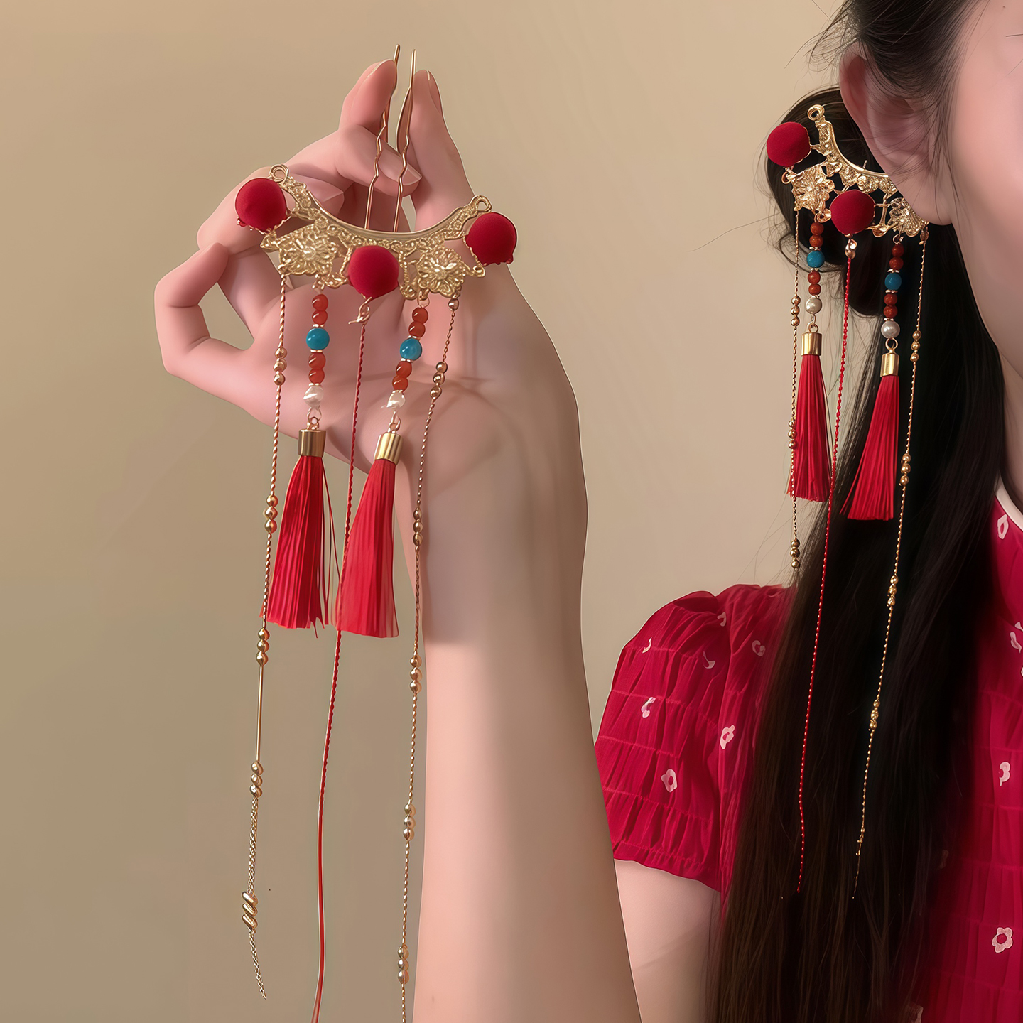 「凤栖结缘」新中式红色毛球流苏发簪国风旗袍汉服喜庆节日头饰品