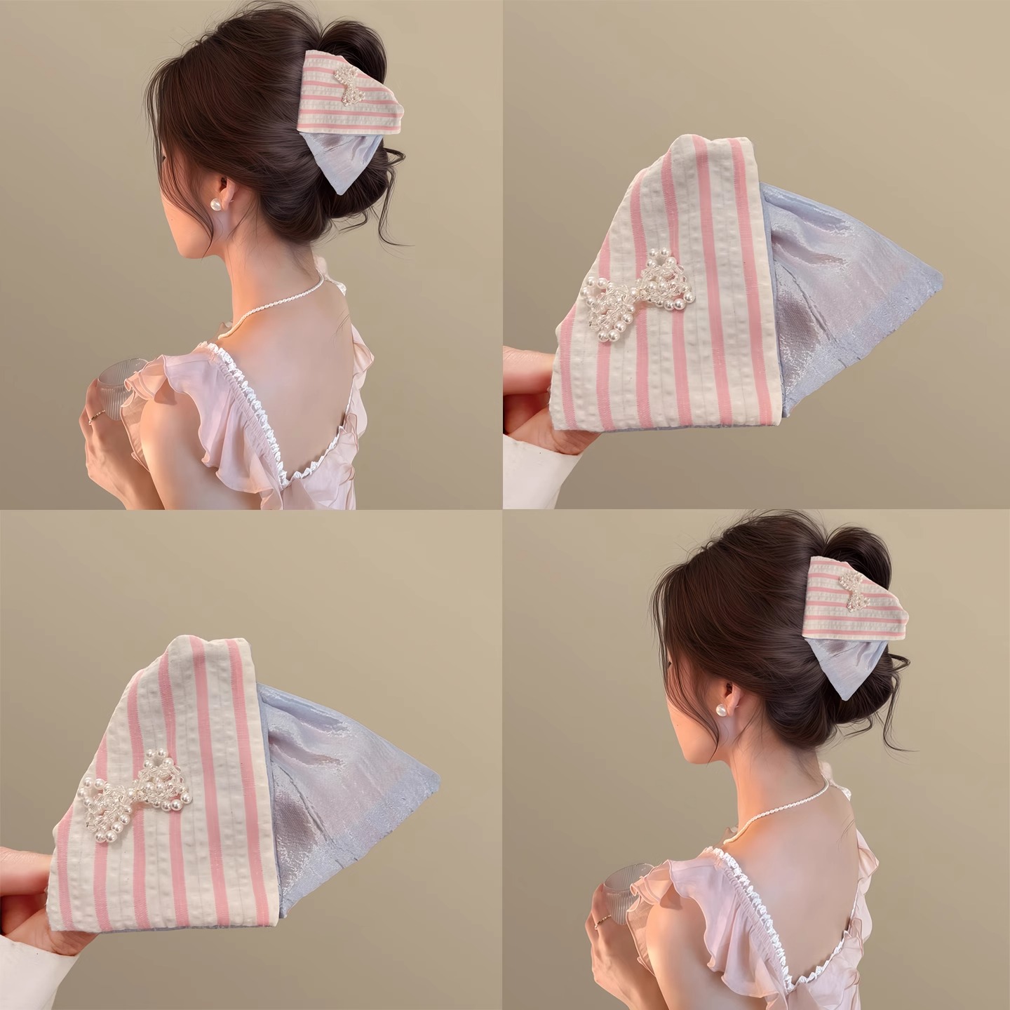 韩系漫粉！三角条纹蝴蝶结抓夹