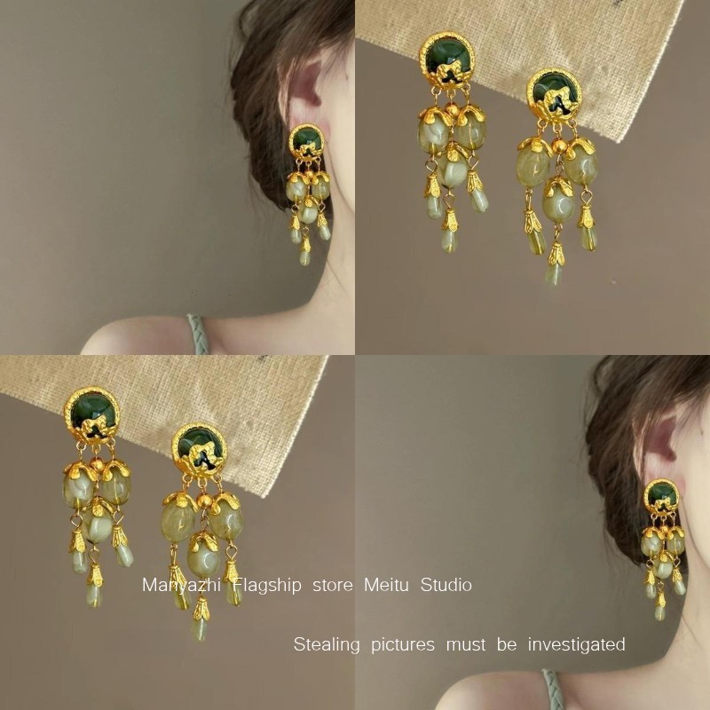 高级感耳饰宫廷风耳钉橄榄宝石绿