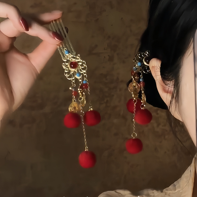 烟霞染｜仿点翠毛球流苏掩鬓发钗