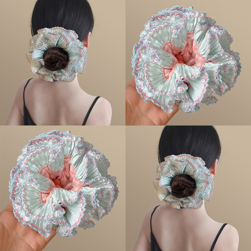 蓝色格子花边多层大肠发圈女