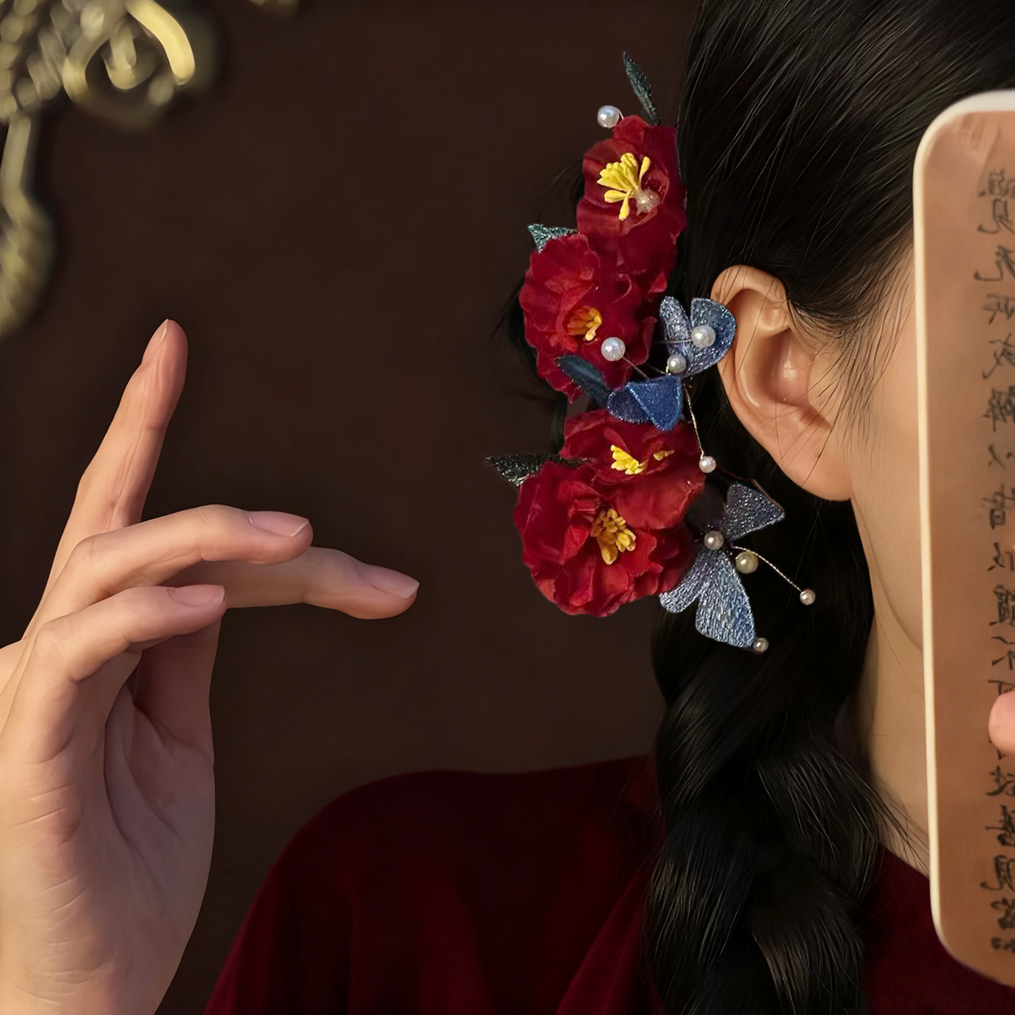 「红妆素裹」复古红色山茶花发夹