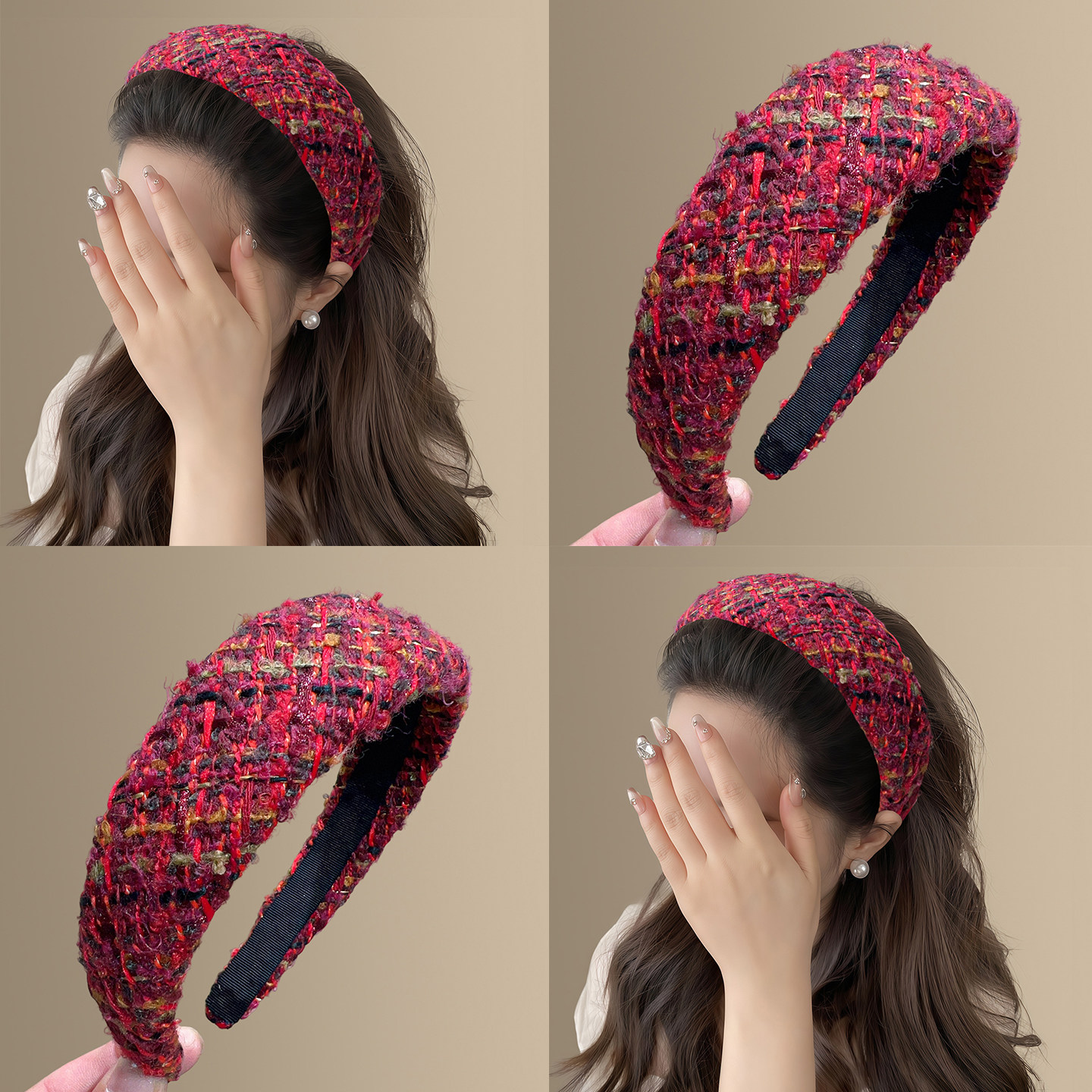 《暮色酒红》复古小香风毛呢发箍洋气氛围感新年高颅顶头箍盘发卡,家庭/个人清洁工具,盘发器,淘宝优惠券,粉丝福利购,淘宝优惠卷