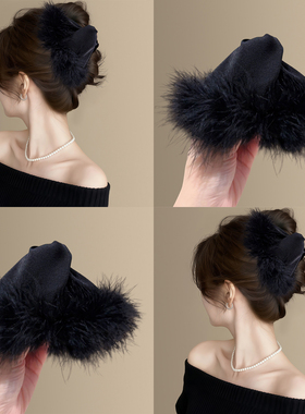 「黑天鹅」纯欲黑色羽毛三角抓夹高级感秋冬新款发量多鲨鱼夹头饰