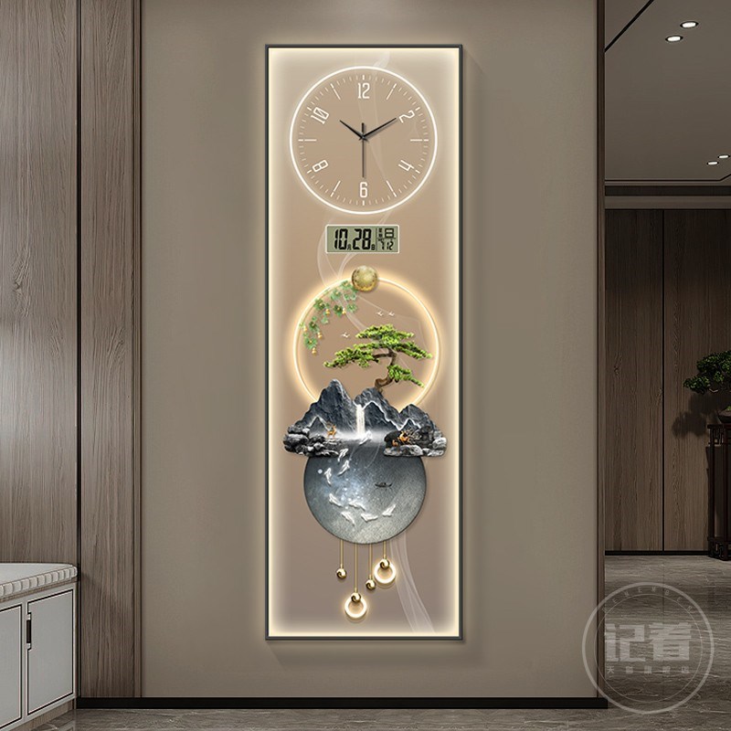 迎客松九鱼万年历电子钟表挂钟客厅带灯玄关装饰画过道挂墙时钟