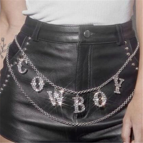 MW2936欧美waist chain时尚水钻镶嵌字母挂坠波浪流苏链腰链腰饰