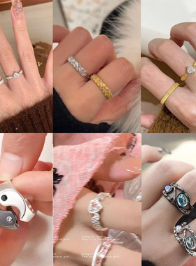 小众个性月光石黑白男女情侣戒指高级感明星开口复古轻奢指环纯银