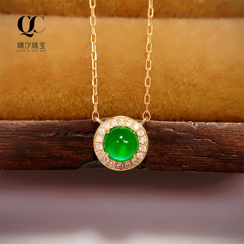 18K金镶嵌天然祖母绿项链轻奢百搭彩色宝石吊坠精致小巧女锁骨链
