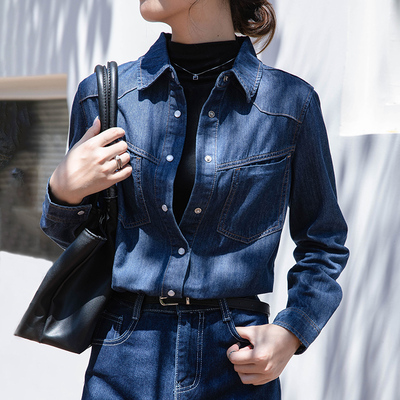 法式复古蓝色牛仔衬衫女