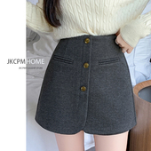 a字呢子短裤 灰色阔腿裤 毛呢排扣短裙裤 半身裙裤 裙2026秋冬季 新款