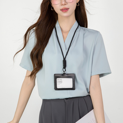 蓝色缎面V领衬衫女士短袖夏季职业气质衬衣通勤百搭面试正装上衣