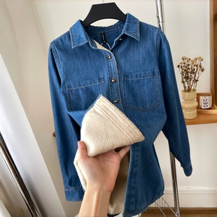 加绒深蓝色复古软牛仔衬衫女2026秋冬新款内搭叠穿小个子正肩上衣