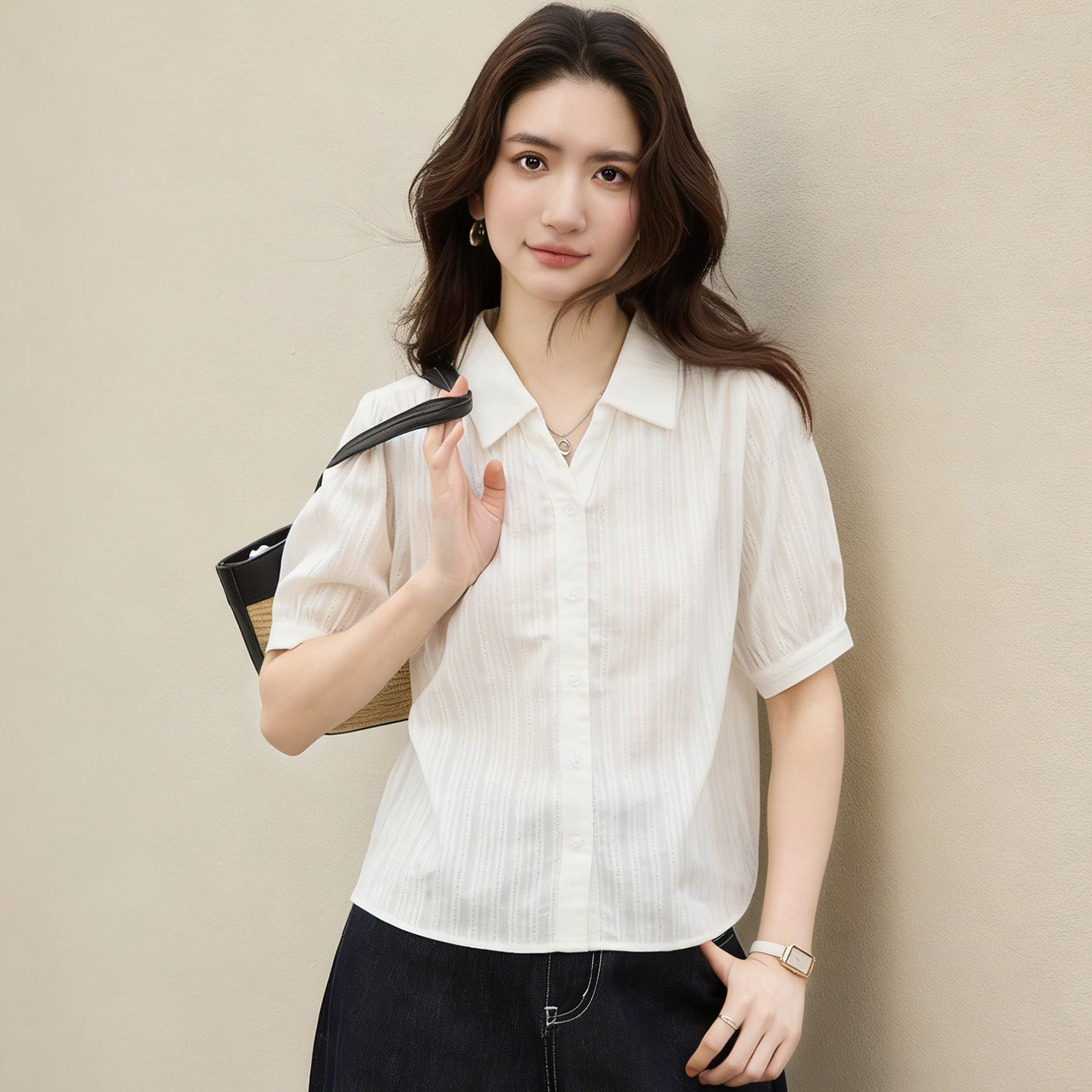 短袖V领白色衬衫女夏季2026新款薄款透气亲肤舒适通勤职业OL上衣