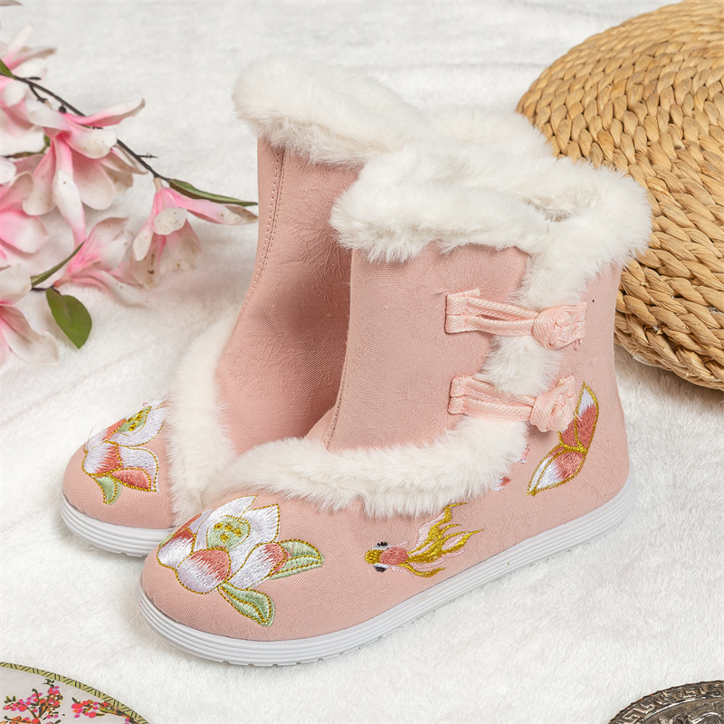 绣花鞋民族风雪地靴加绒拜年鞋棉靴汉服鞋女童冬季古装棉鞋中国风