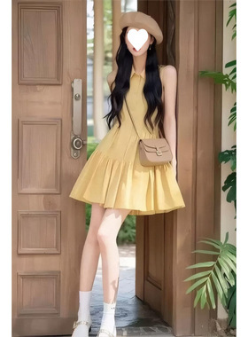 法式高级感气质黄色无袖衬衫连衣裙女2026夏季新款千金风漂亮短裙