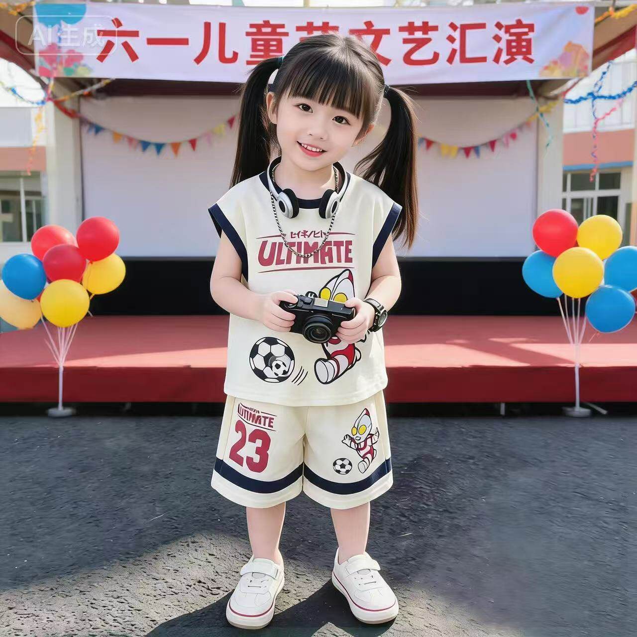 女童奥特曼纯棉套装足球男孩T恤背心套装透气冰丝儿童无袖两件套