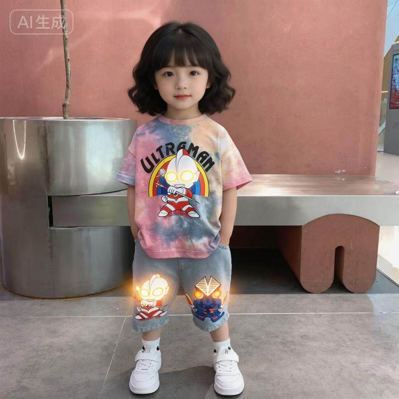 正版女童粉色迪迦奥特曼衣服A类纯棉亮灯短袖男女童赛罗牛仔套装