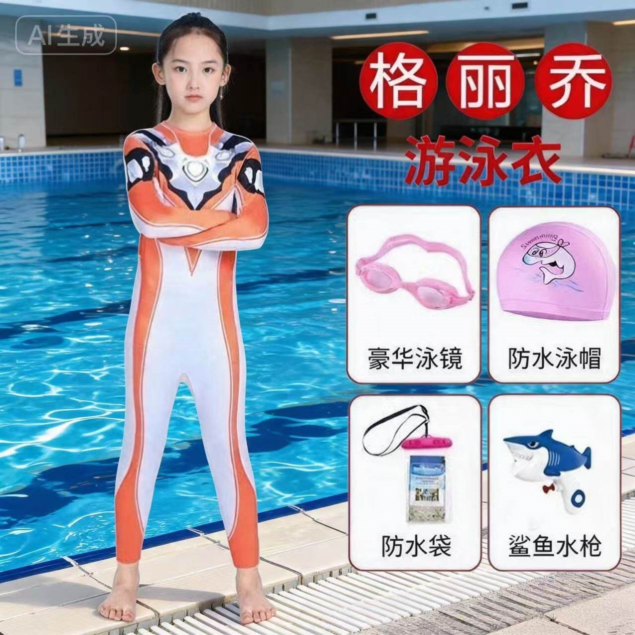 卡通格丽乔奥特曼女童泳衣女孩连体长袖防晒卡尔蜜拉泳帽泳镜泳衣