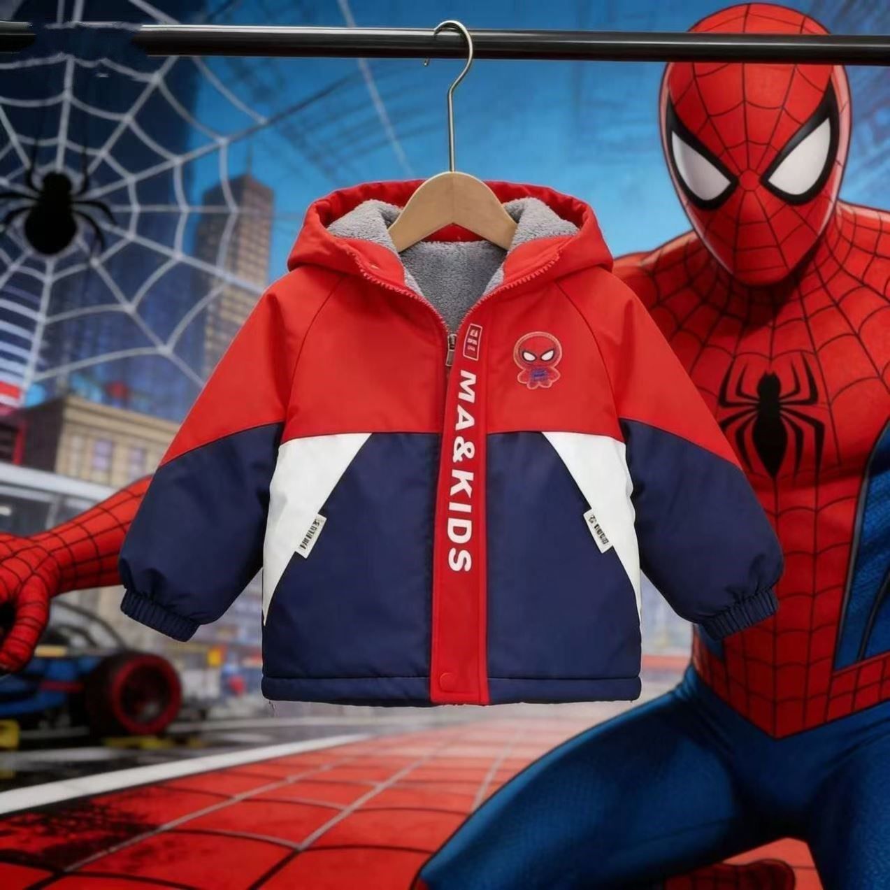 漫威蜘蛛侠衣冲锋衣加绒超凡卡通男童亮灯男女童加厚迪迦卡通外套