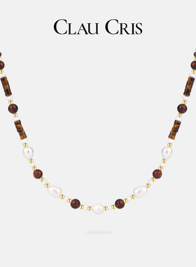 Clau Cris天然虎眼石淡水珍珠焦糖月光项链轻奢小众高级感通勤