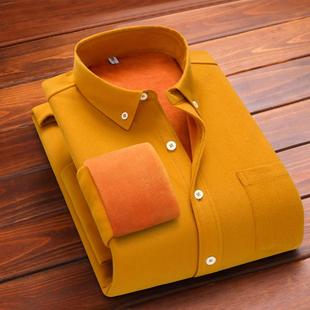灯芯绒男士长袖衬衫加绒加厚冬季新款休闲潮流外套保暖黄色衬衣服