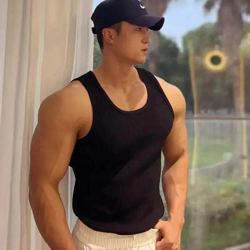 蕉纤【两件装】粗螺纹背心显大健身运动外穿打底男夏季紧身弹力