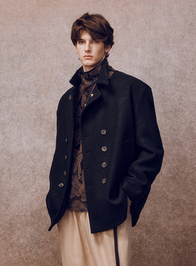 「秋冬新品」SageSalt 藏青色纯羊毛海军双排扣短大衣外套 9022NV